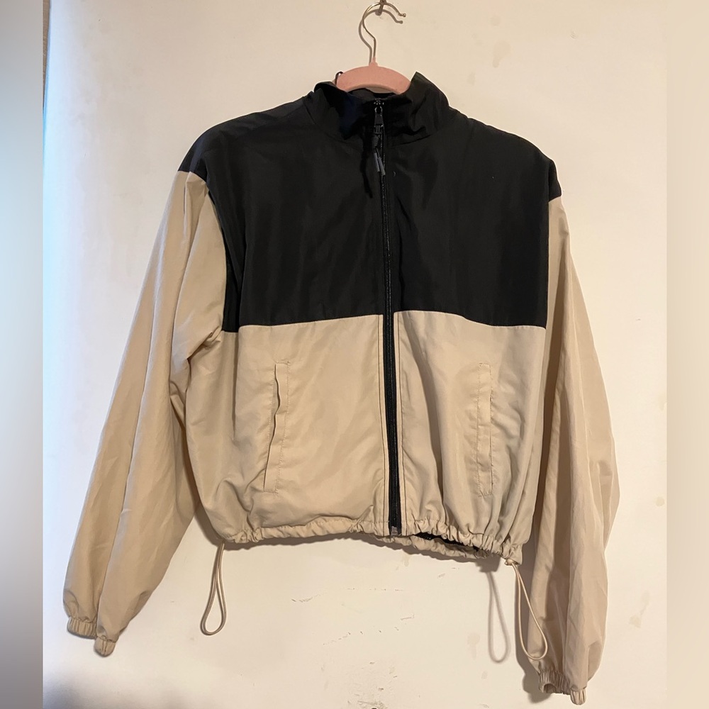 Black and Cream Bomber Jacket with Two-Tone Design
